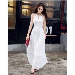 Đầm Maxi Voan Trắng Cổ Yếm Thanh Lịch